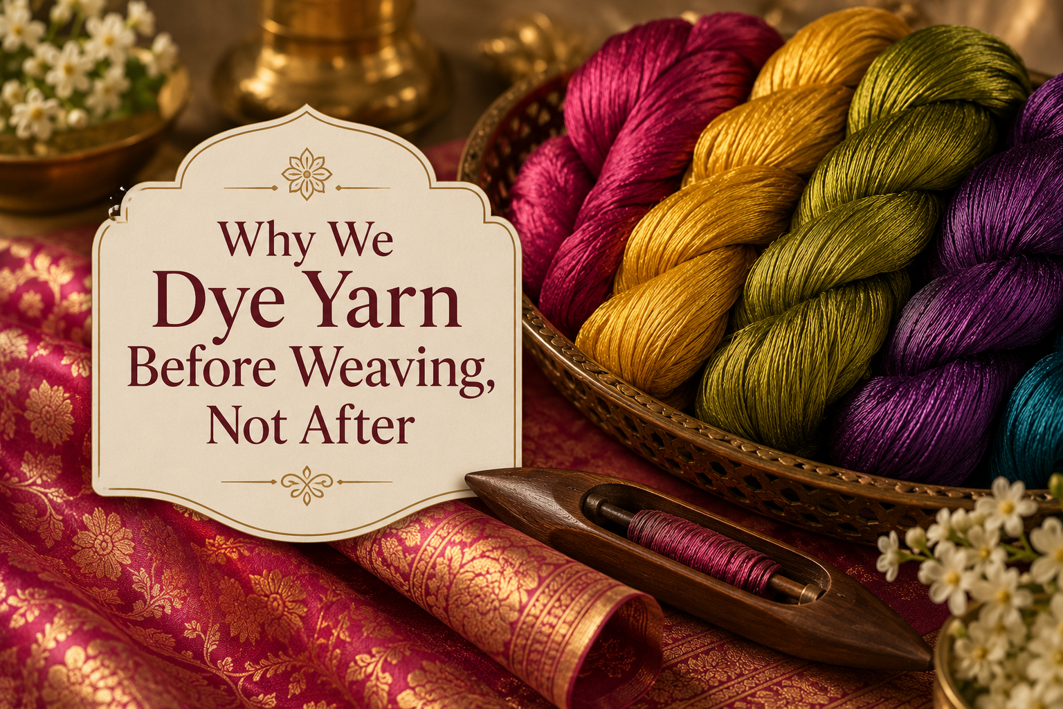 Colourful dyed silk yarn spools before weaving